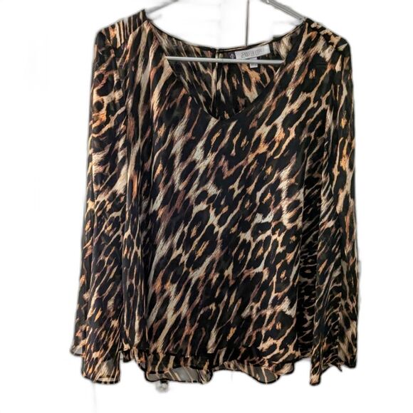 Jennifer Lopez Blouse sz M Layered Chiffon Top Leopard Sheer Flounce Romantic - Picture 1 of 9